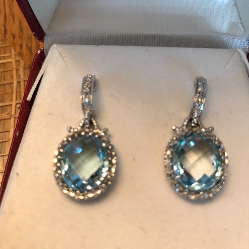 14K WHITE GOLD LARGE AQUAMARINE STONES PIERCED EARRINGS NWT - Picture 2 of 16